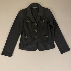 St.‎ John Collection Knit Wool Blazer Size 12 Black 4 Pocket Button Embellished
